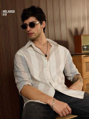 white check shirt Premium Relaxed Fit Striped Shirt – Beige & White
