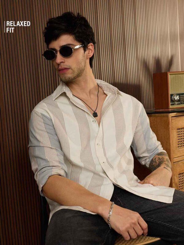 white check shirt Premium Relaxed Fit Striped Shirt – Beige & White